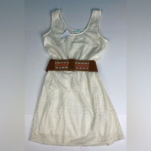 Textured Cream Mini Dress with Tan Belt